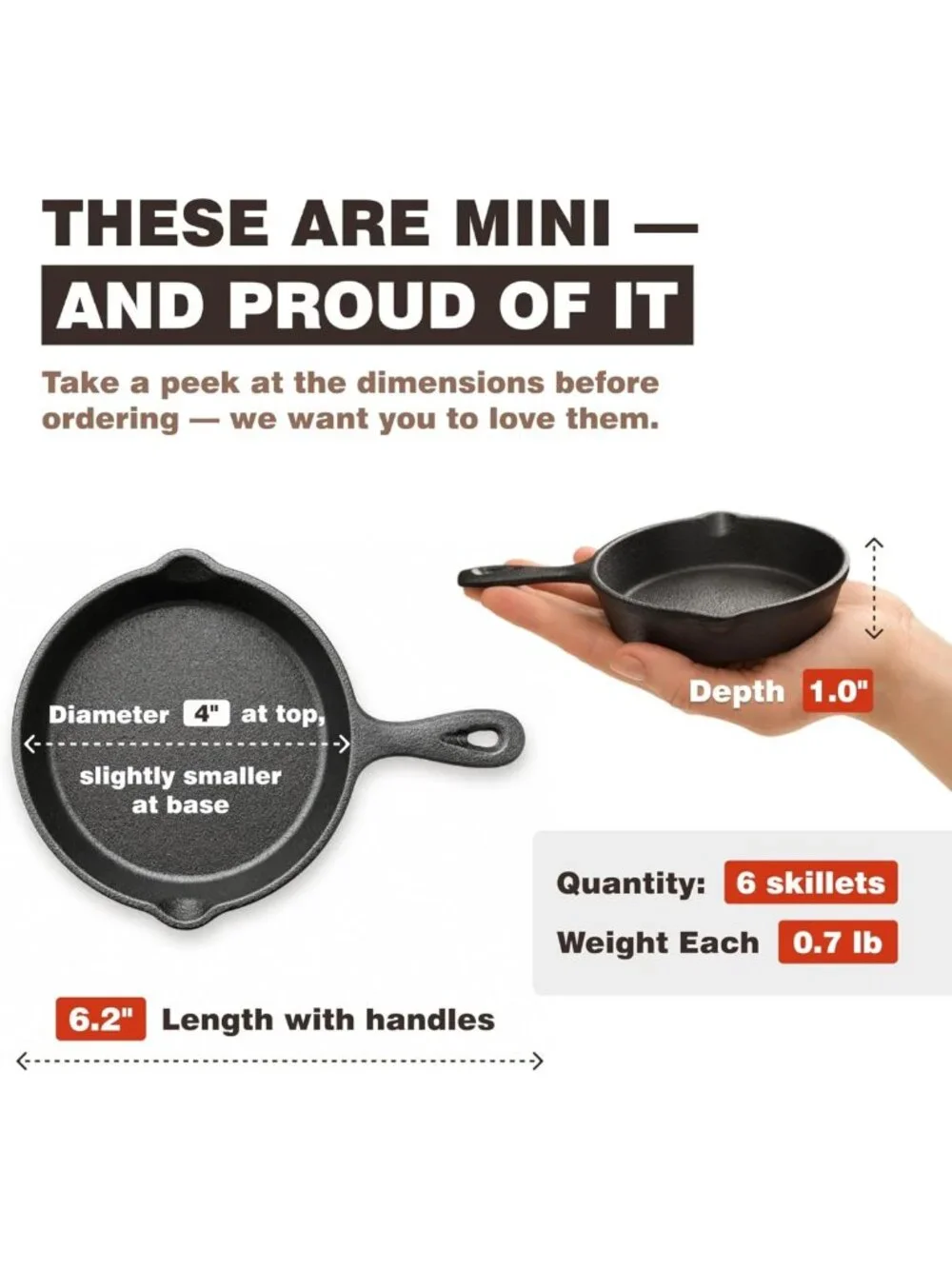 Mini Cast Iron Skillet Set - Pre-Seasoned for Cookies, Eggs & Desserts | 6